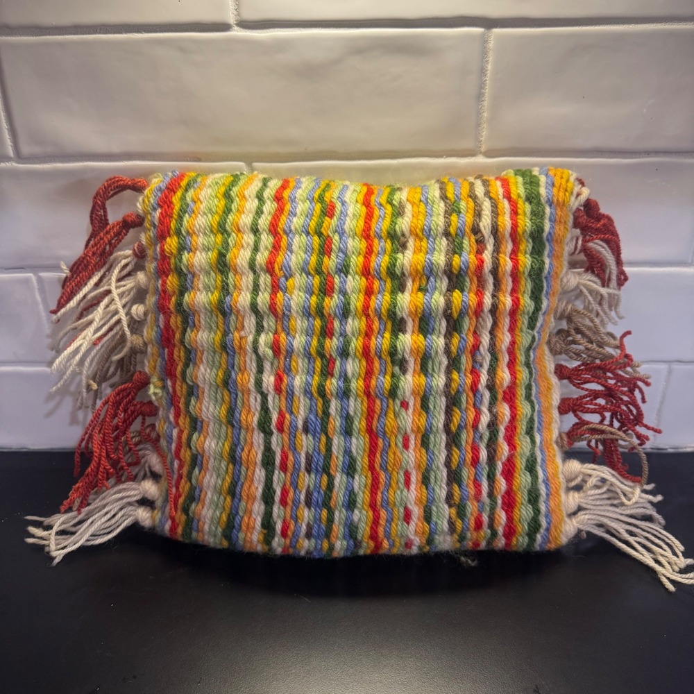 Handmade Woven Throw Pillow Small Multi-Color Striped Boho Fringe Accent